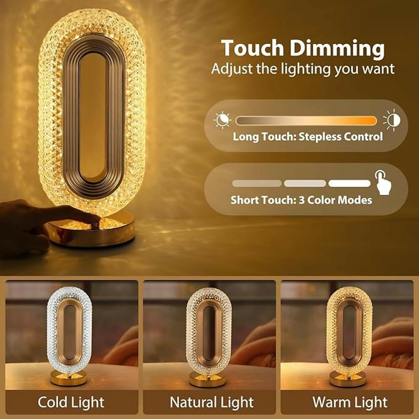 Crystal Oval Touch Table Lamp with 3 Light Modes & Dimming
